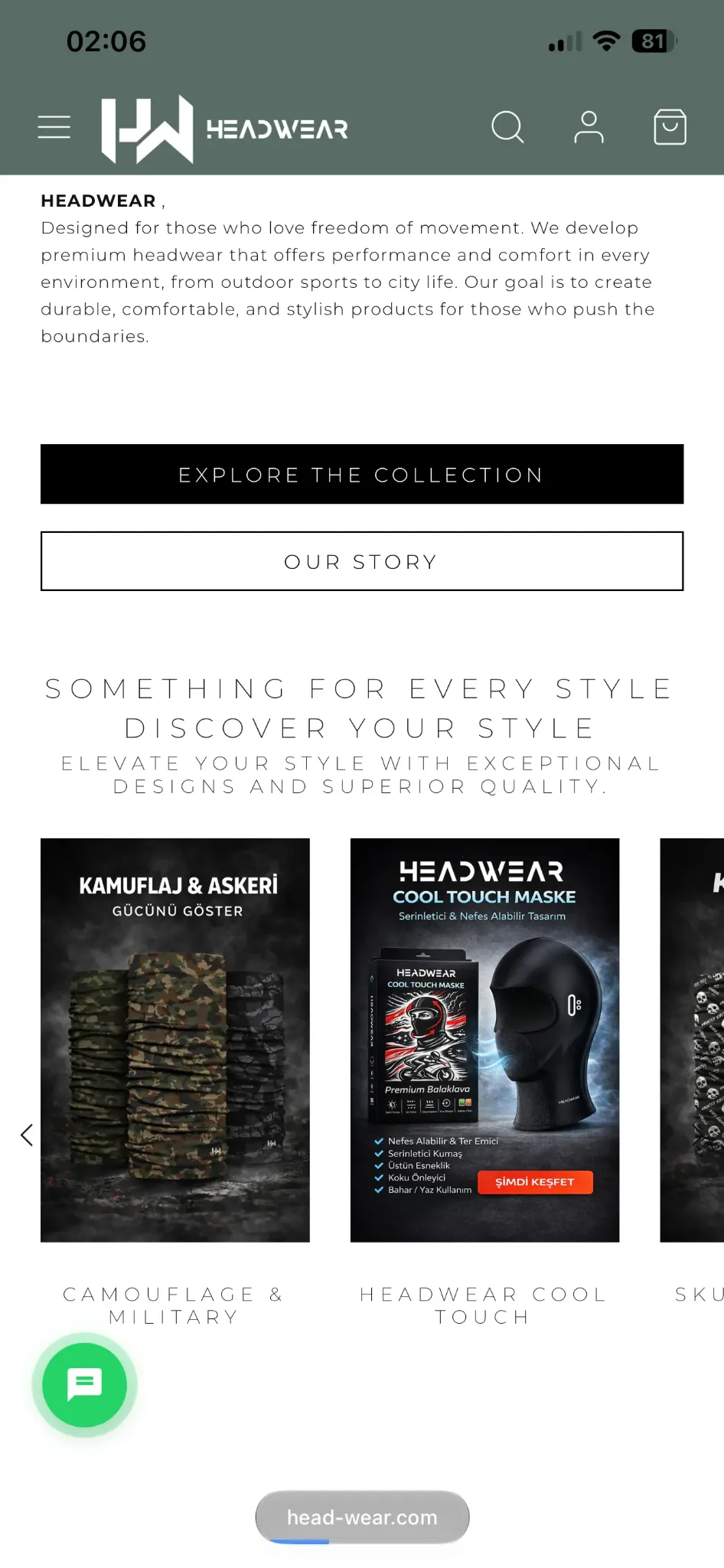 HEADWEAR mobile collection page showing product categories and filters