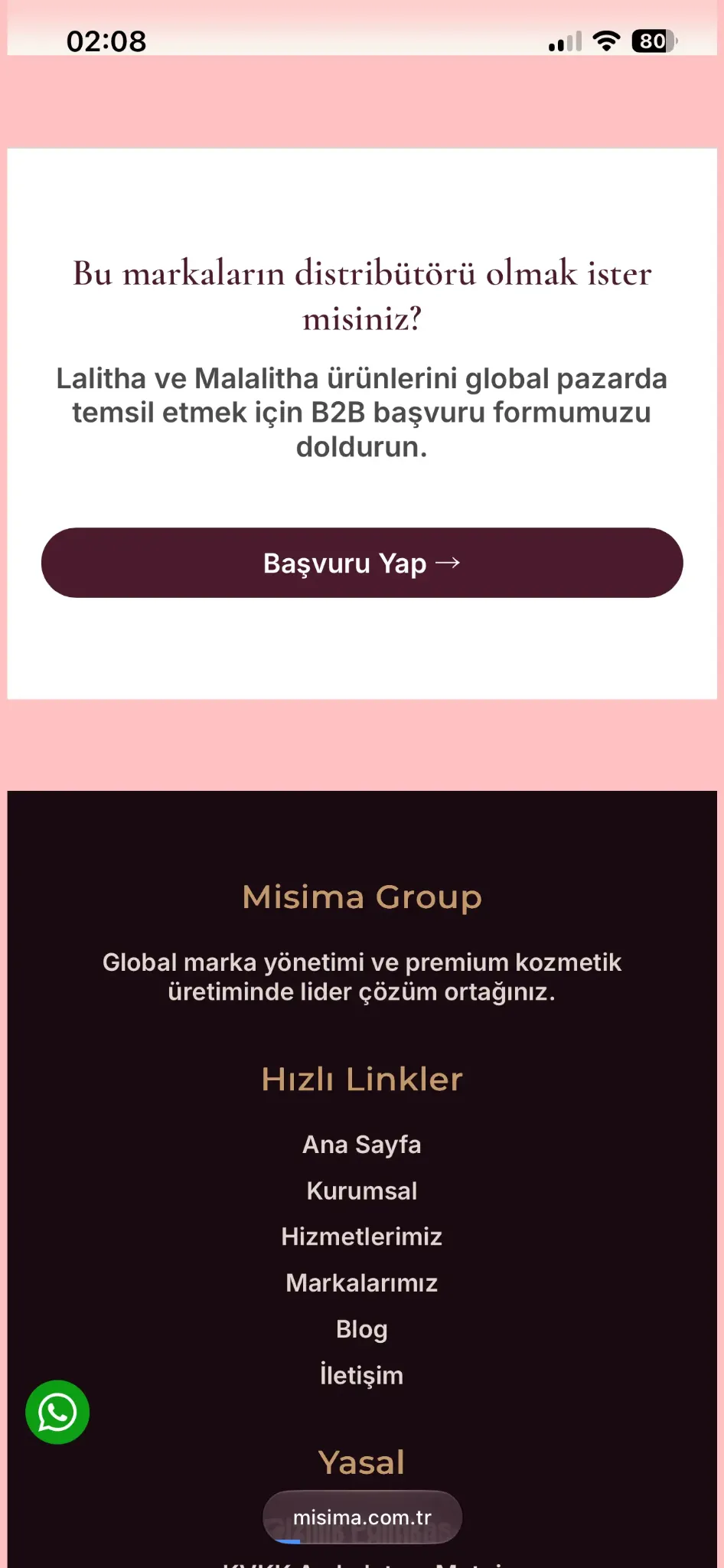 Misima Group mobile brand and distribution content with product brand cards and B2B action